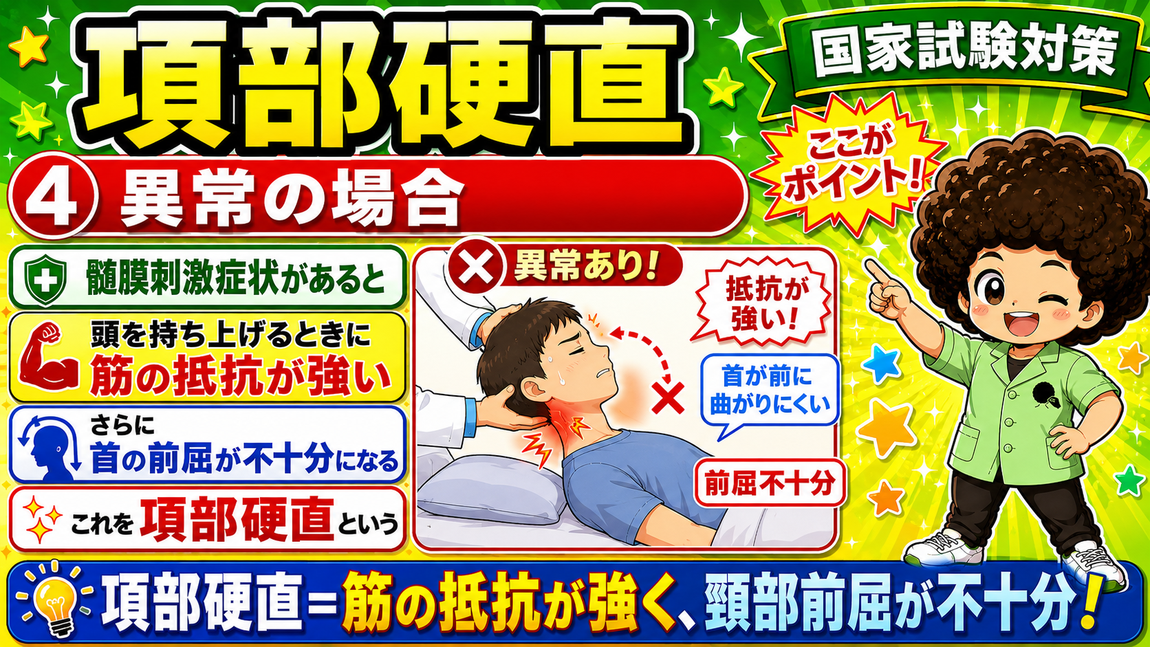 異常では筋の抵抗が強く、前屈が不十分になる